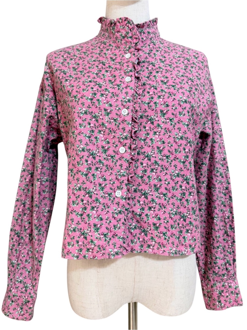 FRNCH Paris Ruffled Pink Floral Button-Up Blouse Cropped Long Sleeve Women’s S